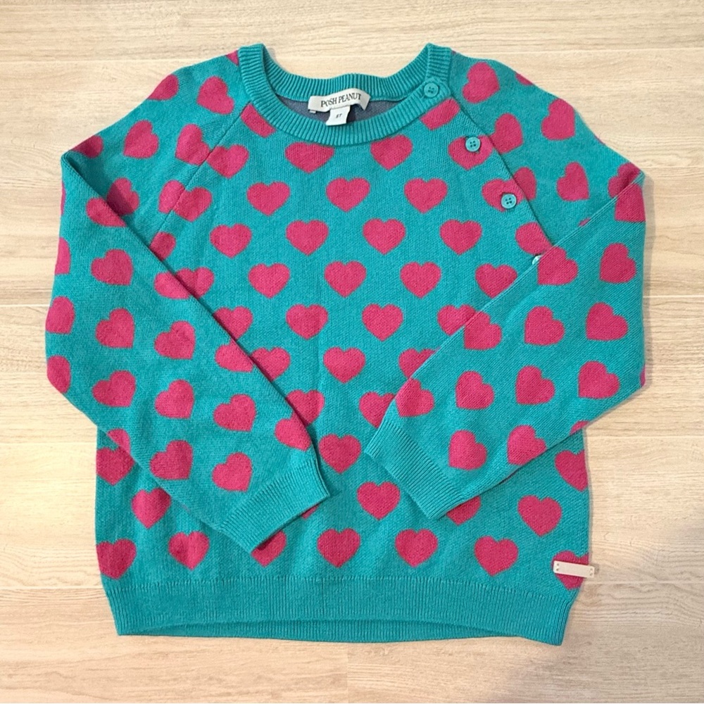 Posh Peanut Heart Print Bamboo Blend Sweater Teal Pink Size 5T - Picture 2 of 7